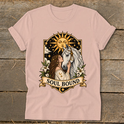 Illustration of a woman with a horse under a sun and starry sky with "Soul Bound" text.