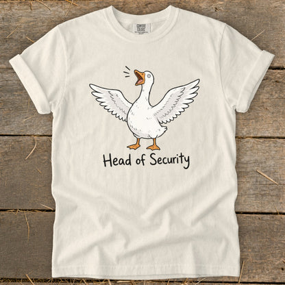 White t-shirt with a cartoon goose and the text "Head of Security".