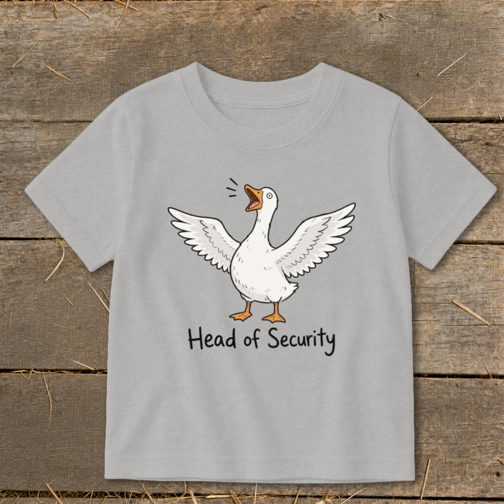 Grey t-shirt with cartoon goose and text "Head of Security."