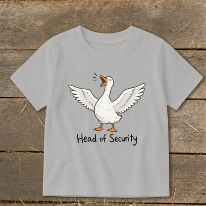 Grey t-shirt with cartoon goose and text "Head of Security."