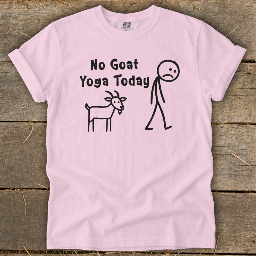 Light pink t-shirt with "No Goat Yoga Today" text and stick figures.