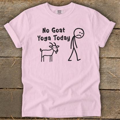 Light pink t-shirt with "No Goat Yoga Today" text and stick figures.