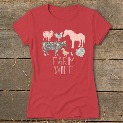 Red t-shirt with "FARM WIFE" text and silhouette farm animals.