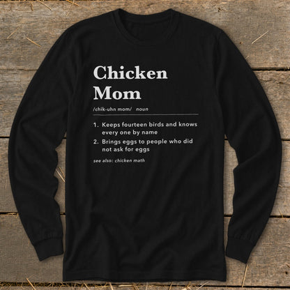 Black long-sleeve shirt with "Chicken Mom" definition and chicken math.