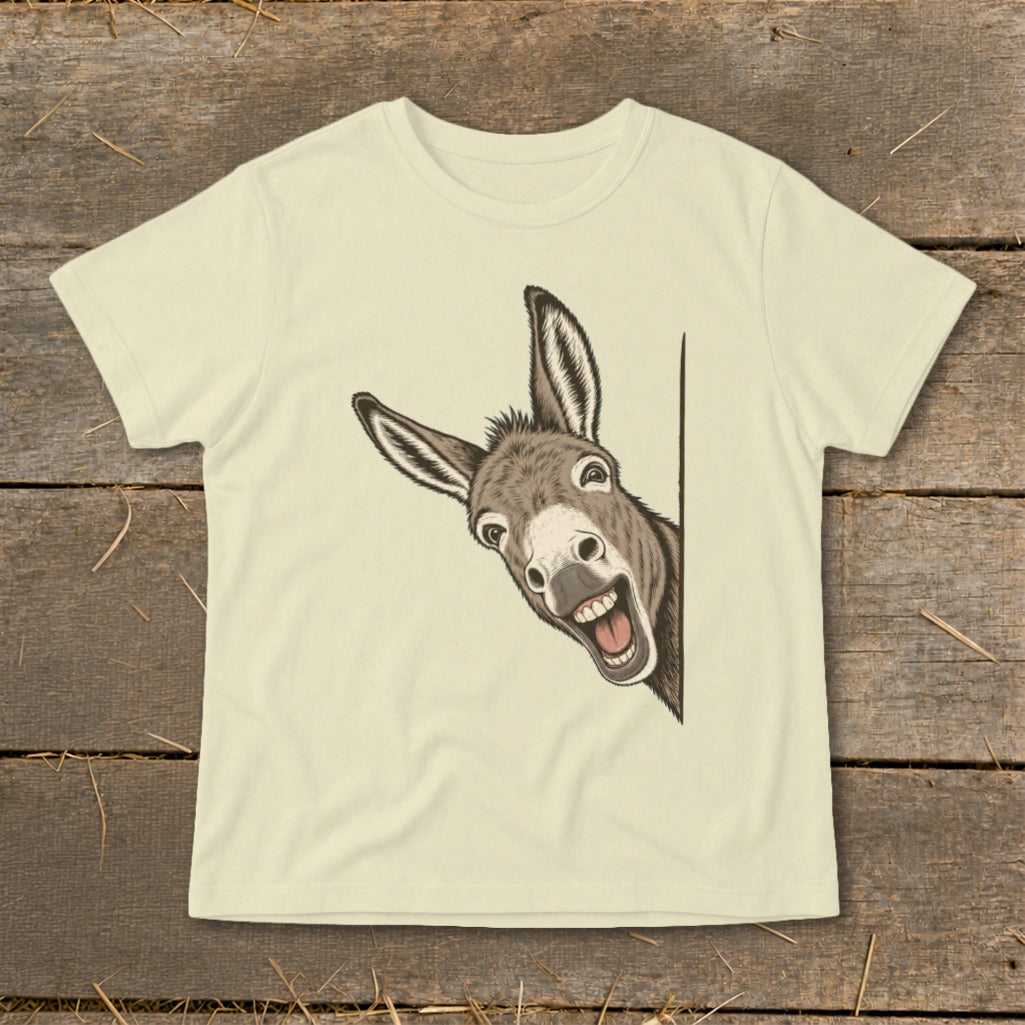 Cream t-shirt with a drawing of a happy donkey peeking from the side.