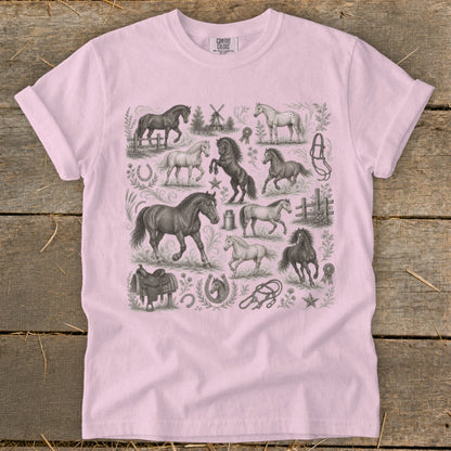 Pink t-shirt with repeated vintage sketch illustrations of horses and equestrian tack.