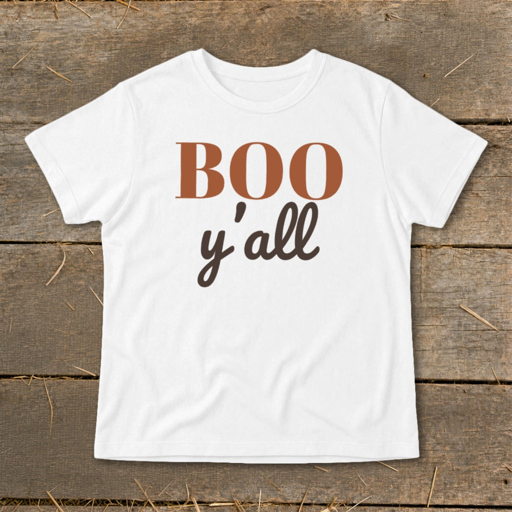 White t-shirt with "BOO y'all" text in brown and orange.