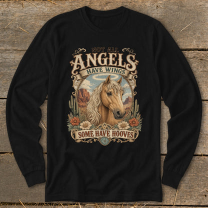 Black long-sleeve shirt with horse graphic and text "Not all angels have wings, some have hooves."