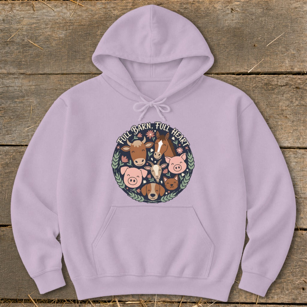 Lilac hoodie with a circular farm animal graphic and "Full Barn, Full Heart" text.