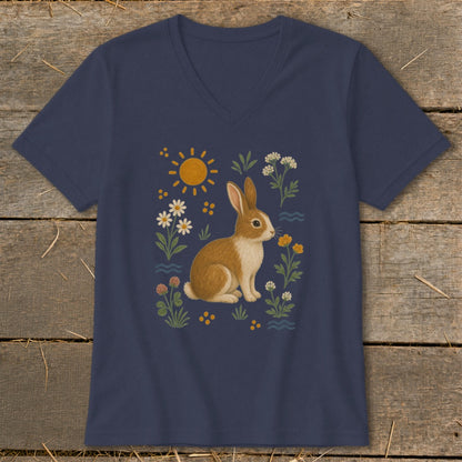 Navy t-shirt with a brown and white rabbit surrounded by flowers, sun, and water design.