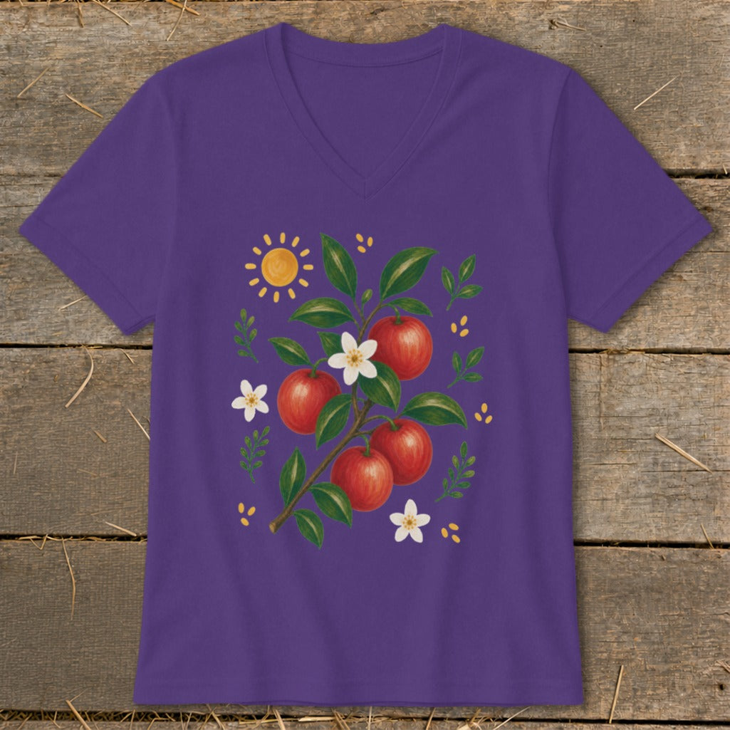 Purple v-neck t-shirt with an apple branch, flowers, sun, and leaves graphic.
