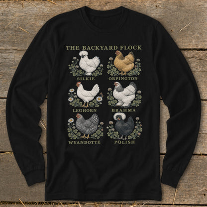 The Backyard Flock: Silkie, Orpington, Leghorn, Brahma, Wyandotte, Polish chicken illustrations.