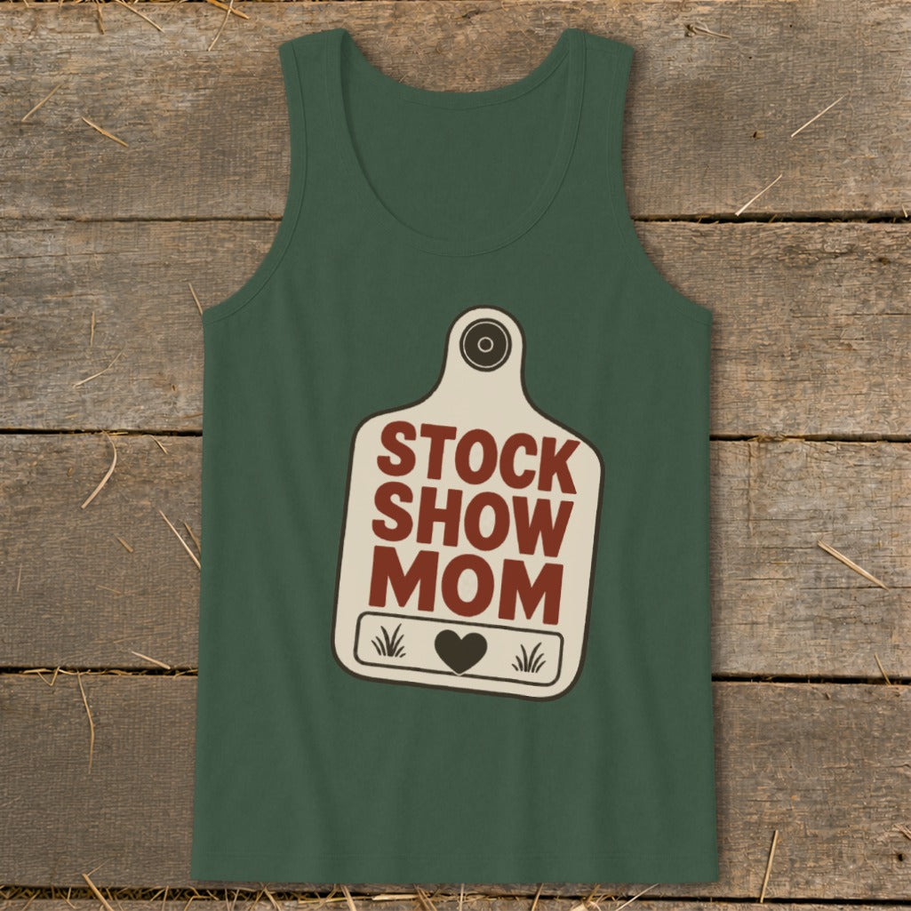 Green tank top with a cream tag graphic that reads "STOCK SHOW MOM".