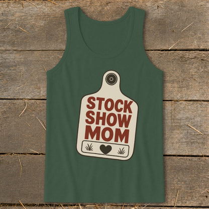 Green tank top with a cream tag graphic that reads "STOCK SHOW MOM".