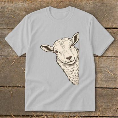 Light gray t-shirt featuring a peeking sheep illustration on the left side.