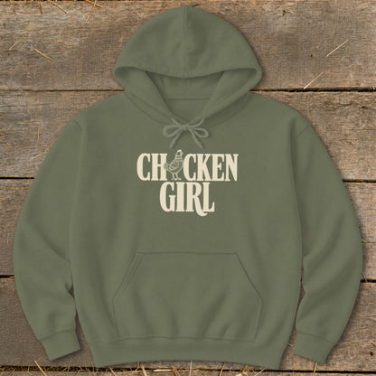 Olive green hoodie with "Chicken Girl" text and chicken graphic.