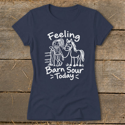 Navy t-shirt with white graphic of girl and horse, text reads "Feeling Barn Sour Today".