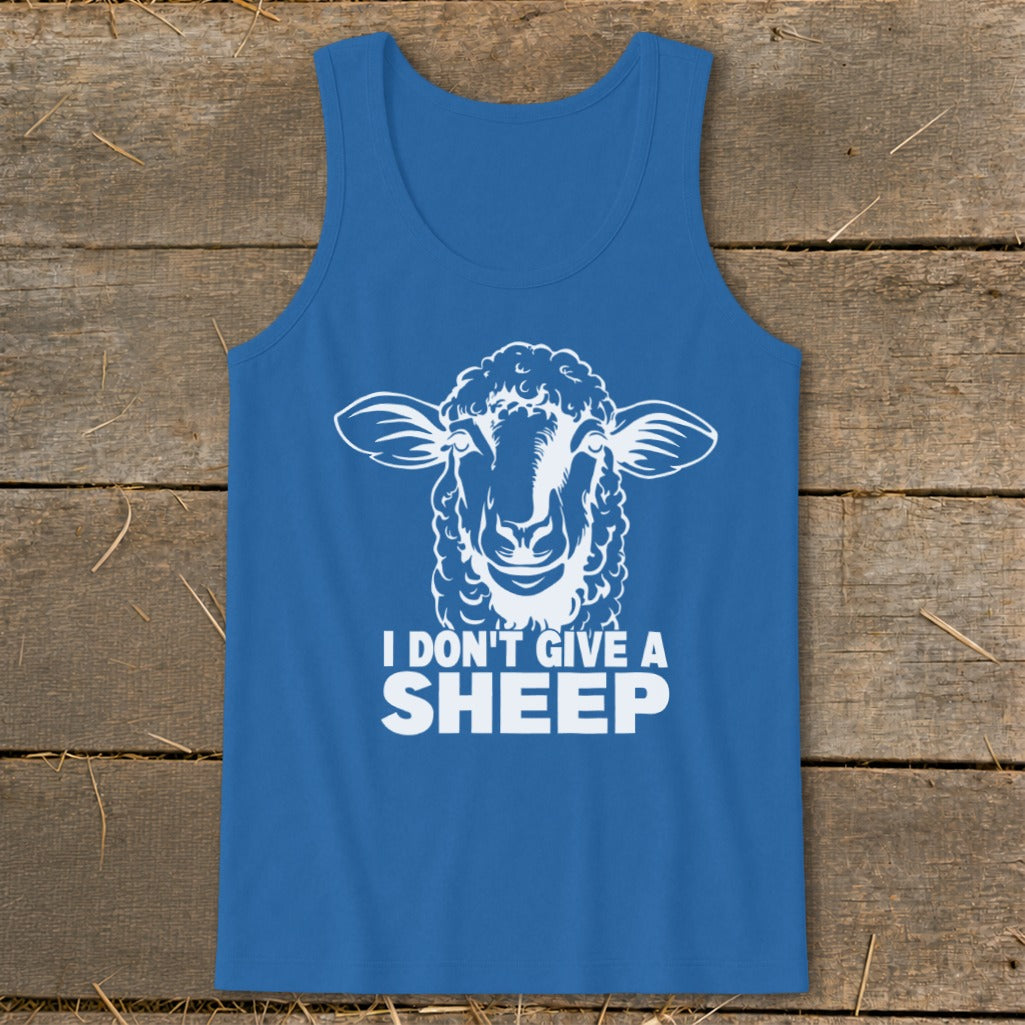 Blue tank top with white sheep graphic and text "I DON'T GIVE A SHEEP".