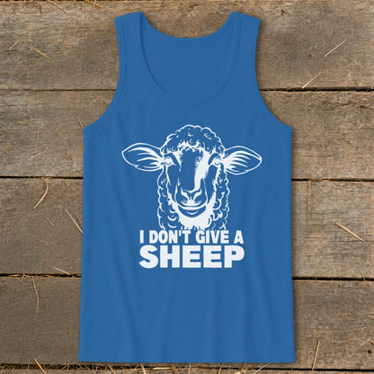 Blue tank top with white sheep graphic and text "I DON'T GIVE A SHEEP".