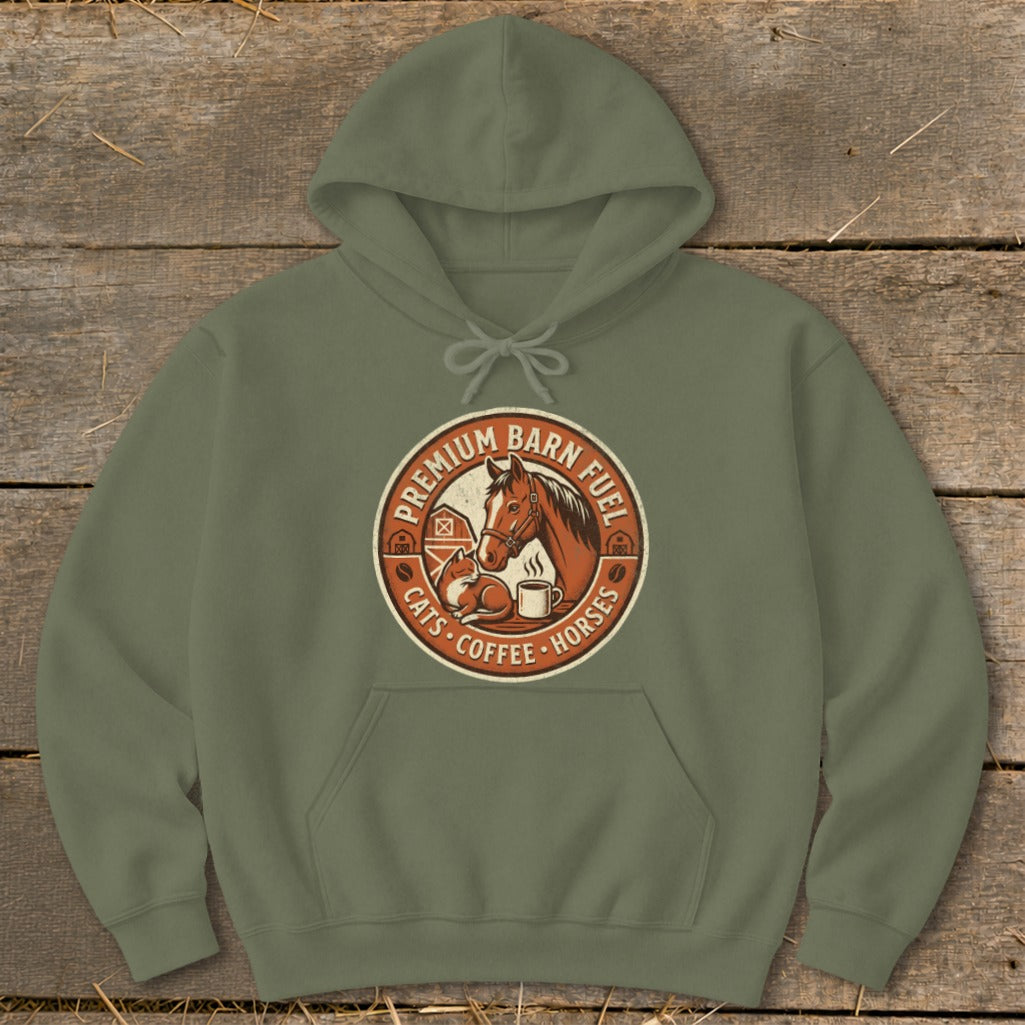 Olive green hoodie with a circular graphic of a horse, cat, and coffee cup labeled "Premium Barn Fuel Cats Coffee Horses".