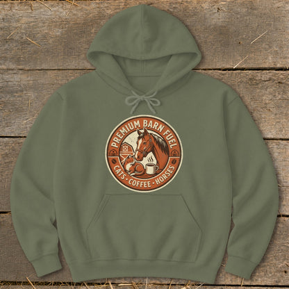 Olive green hoodie with a circular graphic of a horse, cat, and coffee cup labeled "Premium Barn Fuel Cats Coffee Horses".