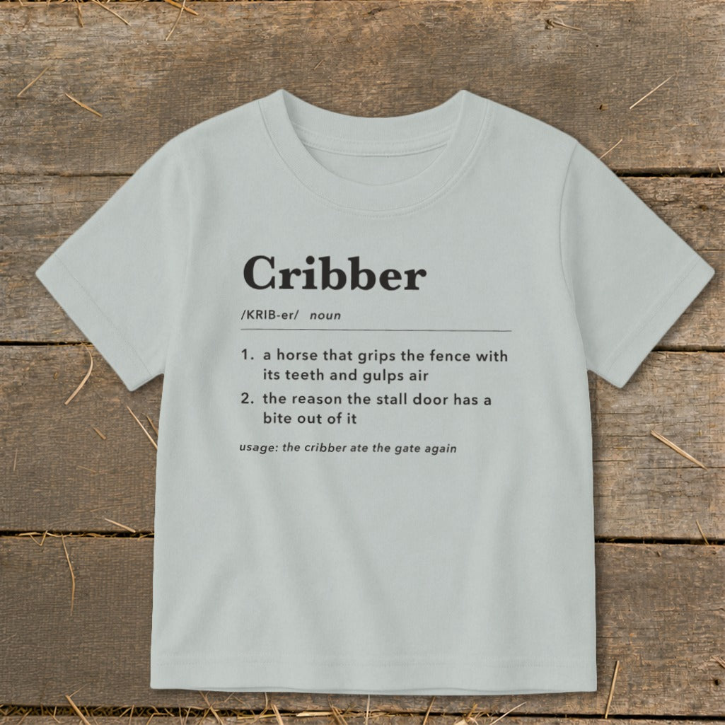 A light gray short-sleeve t-shirt with a humorous dictionary definition of cribber printed on the front.