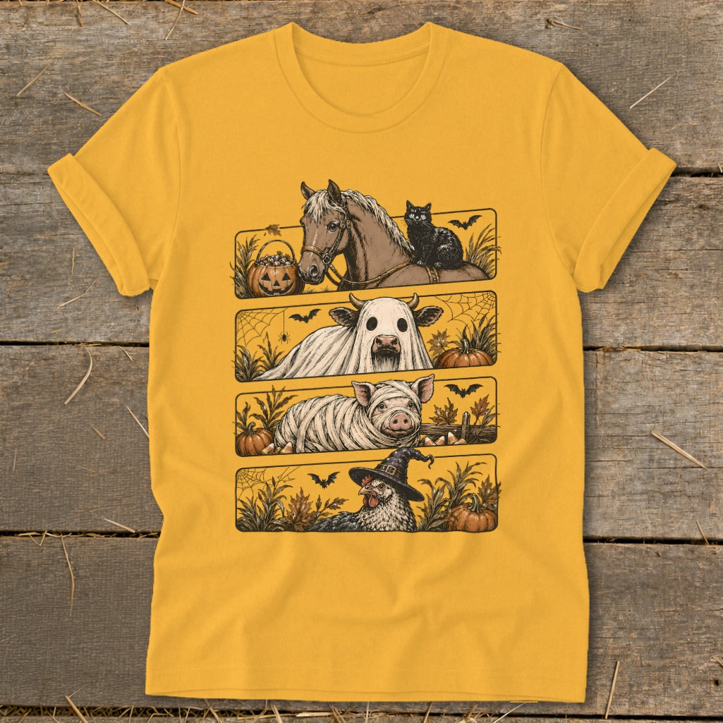 Horse, black cat, cow ghost, mummy pig, and witch chicken in Halloween scenes.