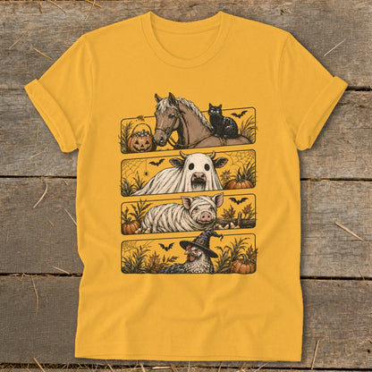 Horse, black cat, cow ghost, mummy pig, and witch chicken in Halloween scenes.
