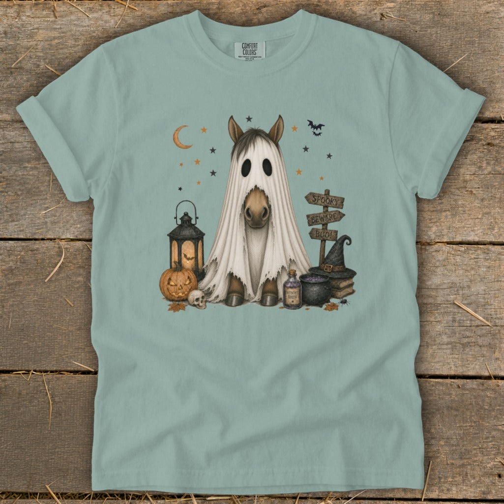 Horse in ghost costume with Halloween decorations and text: Spooky, Beware, Boo!