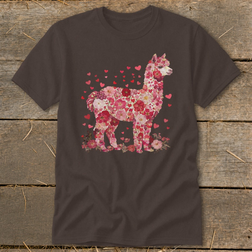 Brown t-shirt featuring a floral alpaca graphic with hearts.