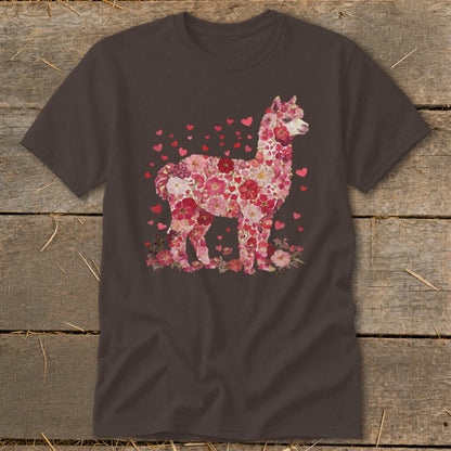 Brown t-shirt featuring a floral alpaca graphic with hearts.