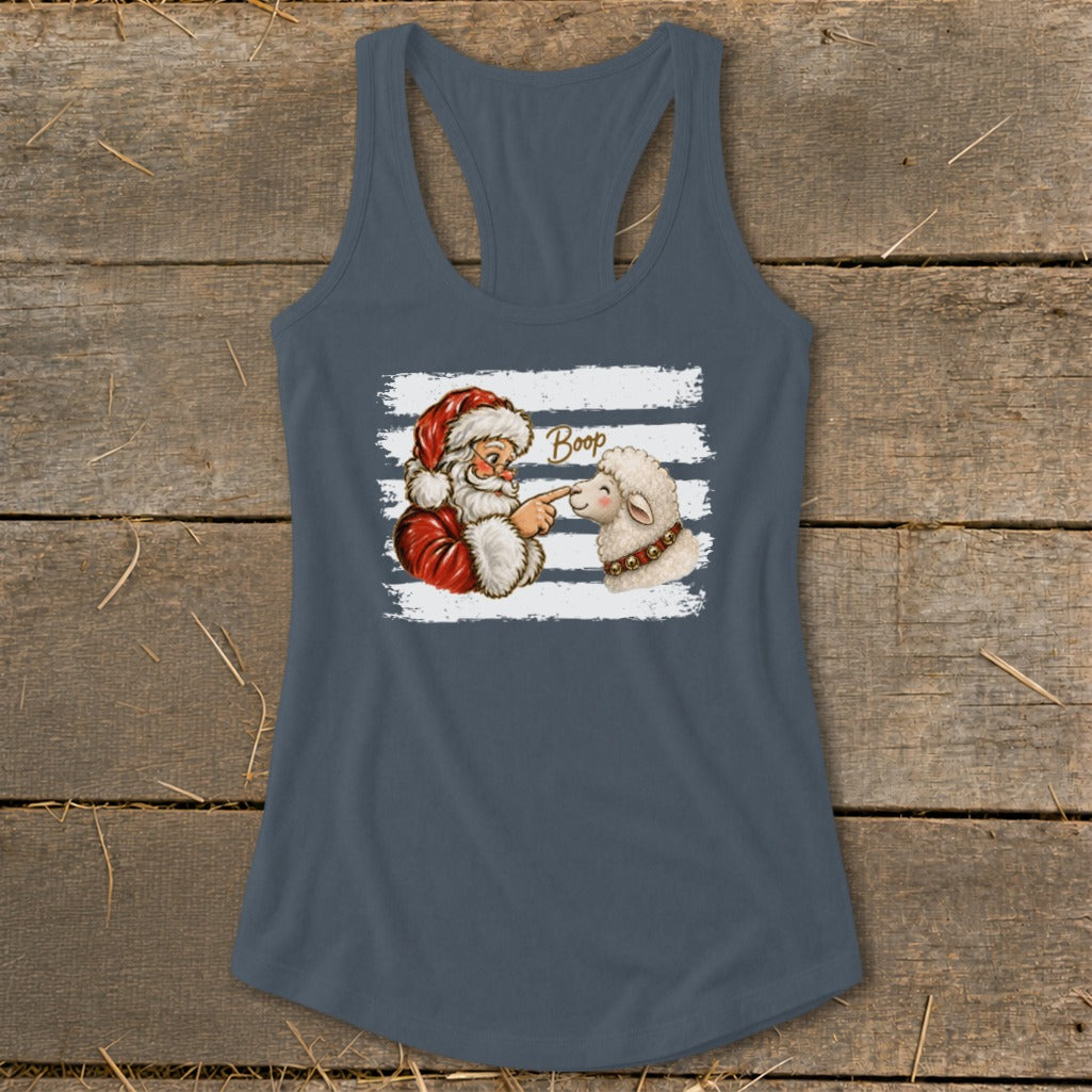 Santa booping a sheep on the nose with the word "Boop" above.