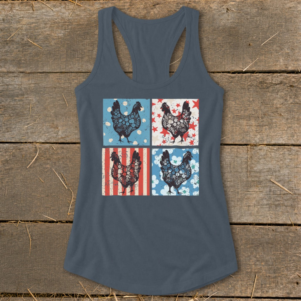 Four chicken graphics in patriotic themed squares on a tank top.