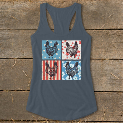 Four chicken graphics in patriotic themed squares on a tank top.