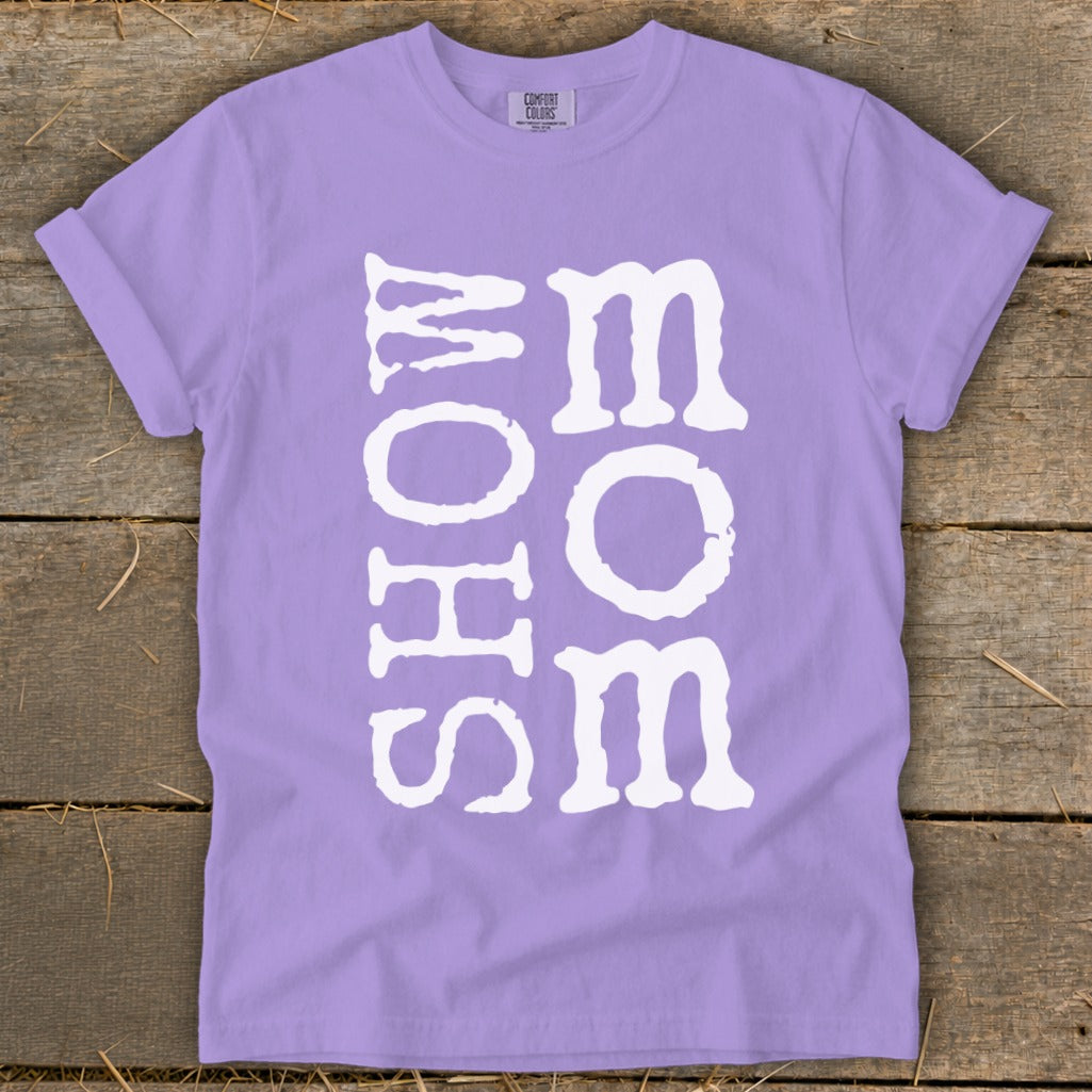 Purple t-shirt with white "SHOW MOM" text vertically stacked.