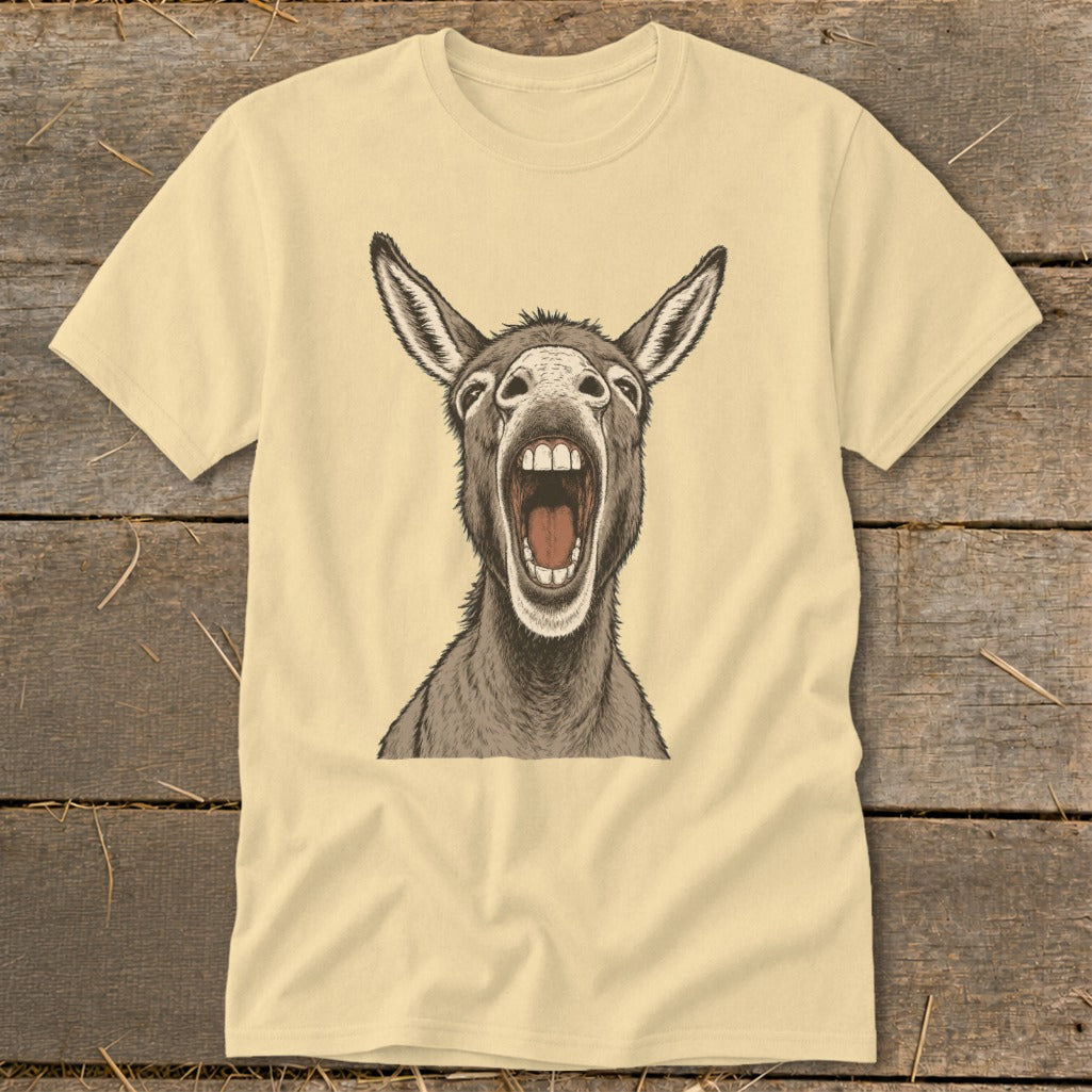 Close-up of a screaming donkey illustration on a light yellow t-shirt.