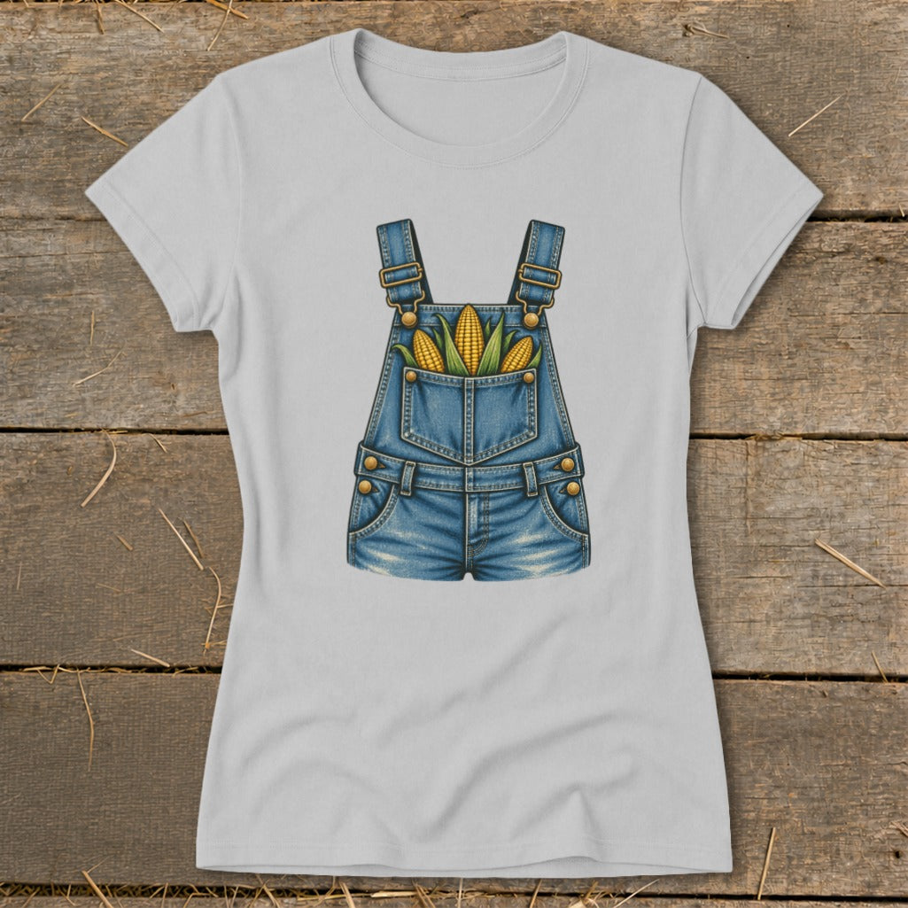 Light gray t-shirt with a denim overalls graphic featuring corn in the pockets.