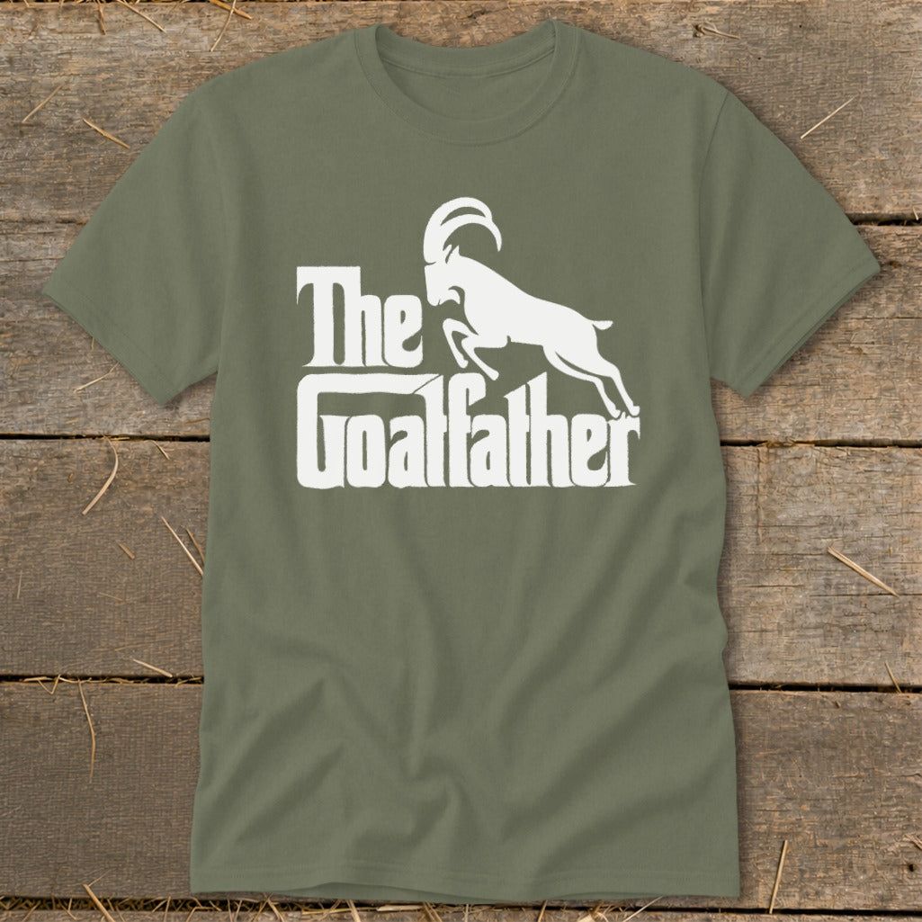 Olive green t-shirt with white "The Goatfather" text and a jumping goat graphic.