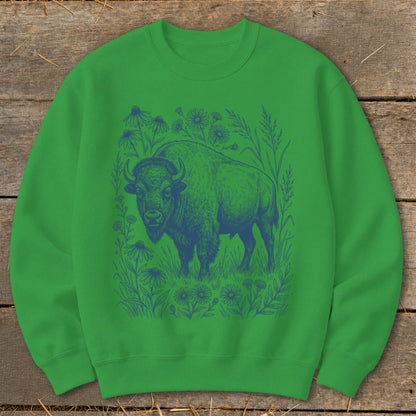 Green sweatshirt with a navy blue illustration of a bison in a field of flowers.