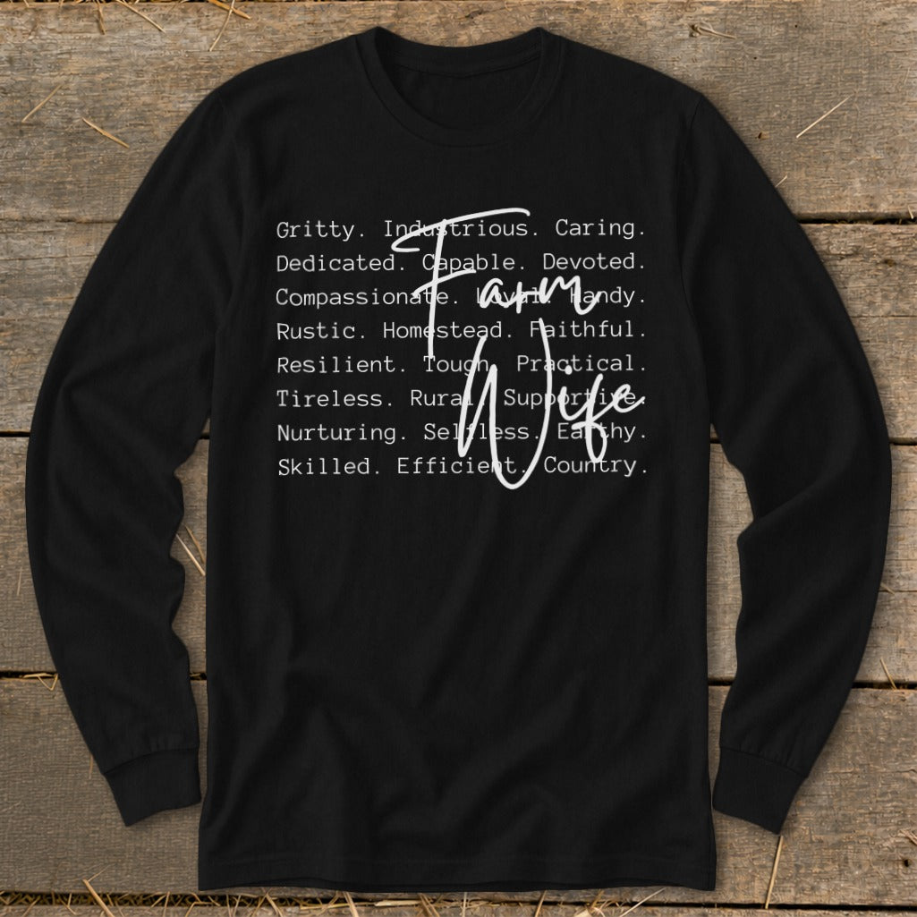 Black long-sleeve shirt with "Farm Wife" and descriptive words in white text.