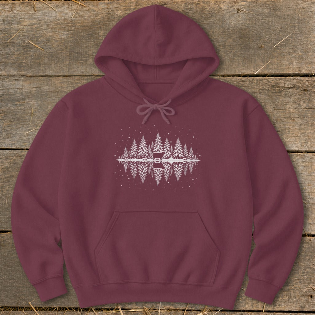 Maroon hoodie with white forest and guitar silhouette reflection graphic.