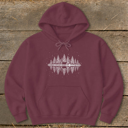 Maroon hoodie with white forest and guitar silhouette reflection graphic.