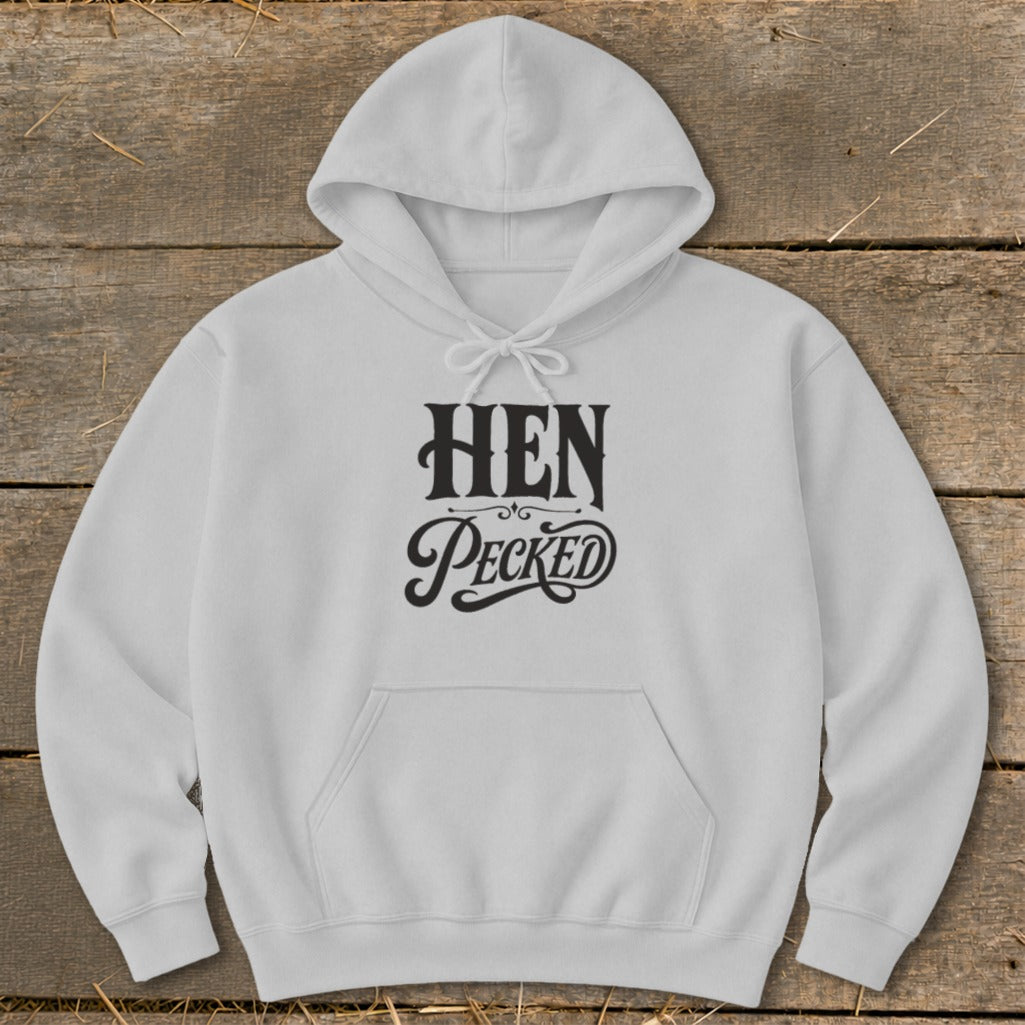 White hooded sweatshirt with "HEN Pecked" graphic on front.