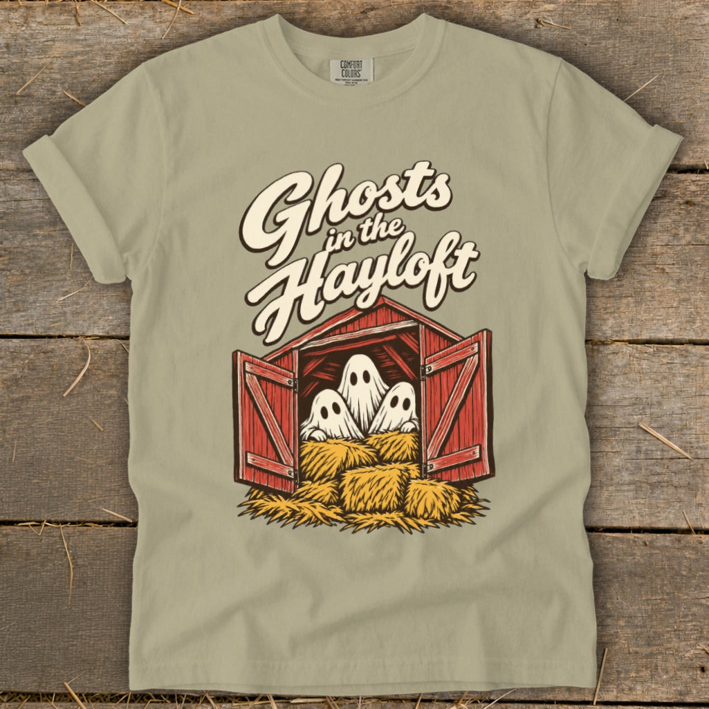 Ghosts in the Hayloft text with three ghosts in a barn on hay bales.