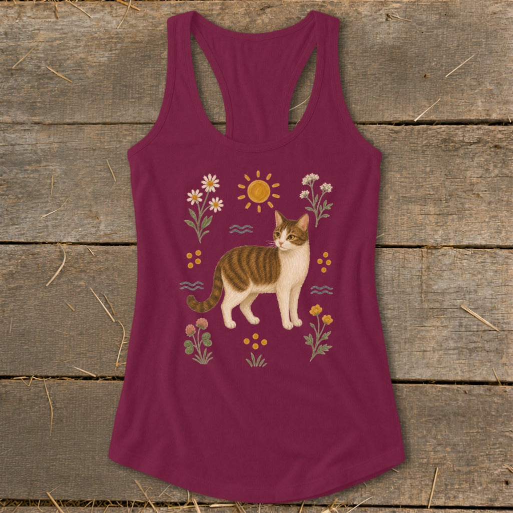 Maroon racerback tank top with a tabby cat, sun, and floral illustrations.