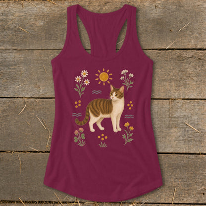 Maroon racerback tank top with a tabby cat, sun, and floral illustrations.