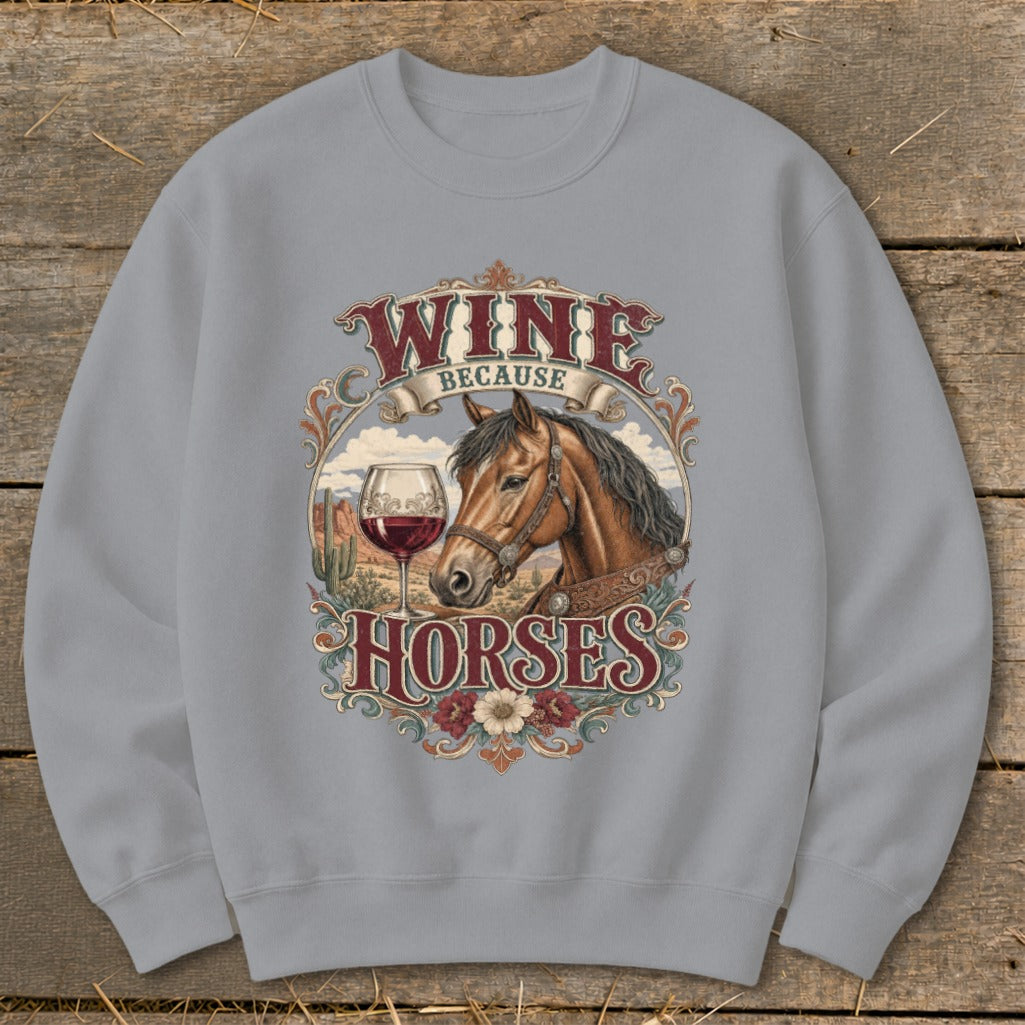 Wine Because Horses graphic with horse head, wine glass, desert, and floral elements.
