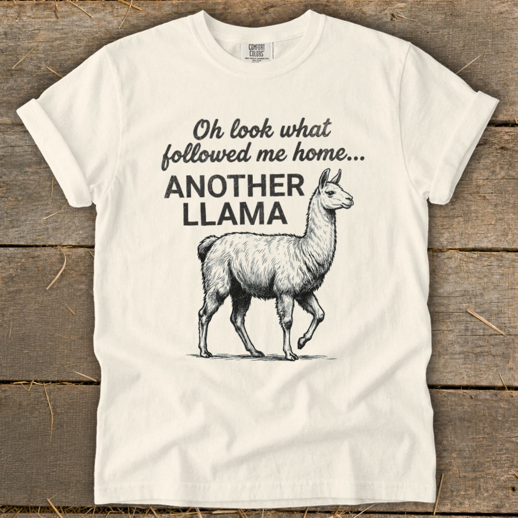 Cream t-shirt with black text "Oh look what followed me home... ANOTHER LLAMA" and llama graphic.