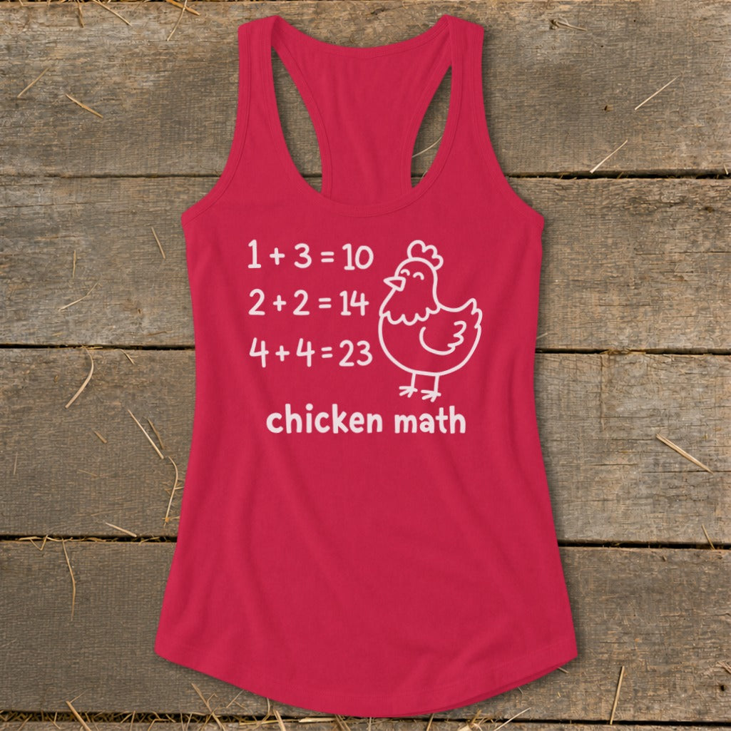 Pink tank top with "chicken math" text and a humorous chicken illustration.