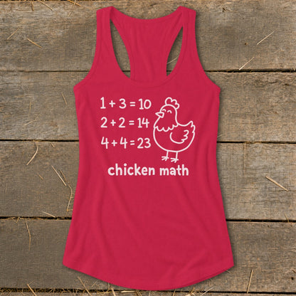 Pink tank top with "chicken math" text and a humorous chicken illustration.